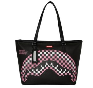 Front view of Sprayground Shark Central Breakup Check Sorbet Grey Tote featuring a pink and white checkerboard shark mouth design